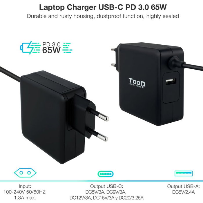 TooQ Cargador Portátil TQLC-USBC65PD USB-C 65W PD 3.0 Automático 5-20V, 1 Puerto USB-A 5V/2.4A, Cable 1.8m, Compatible Mac, Negro